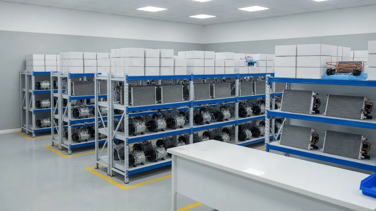 Bodega con estantes de compresores, condensadores y evaporadores de aire acondicionado